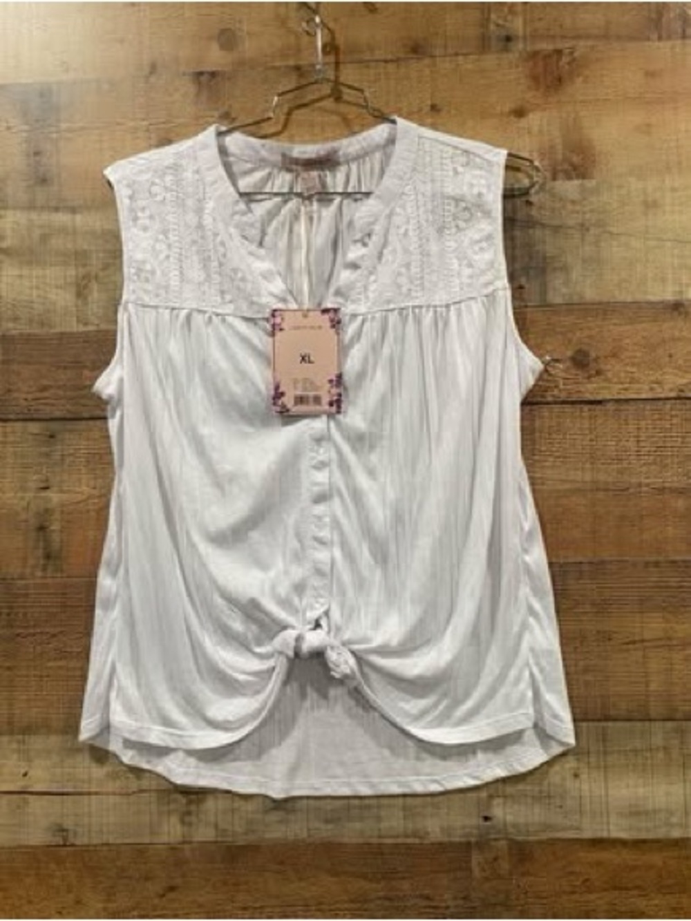NWT Carolyn Taylor White Sleeveless Embroidered Yoke Button-Front Tie Top Sz XL
